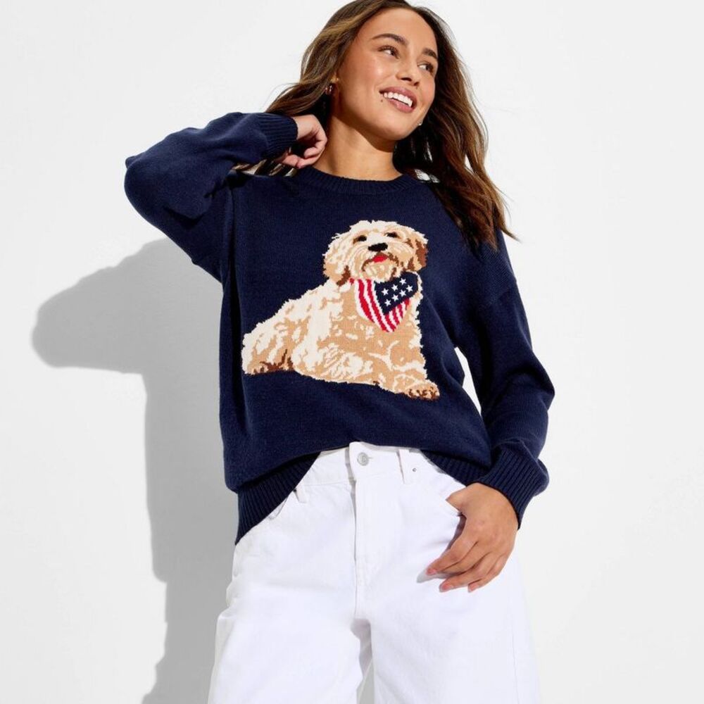 Women's Americana Dog Long Sleeve Graphic Pullover Sweater- Blue M